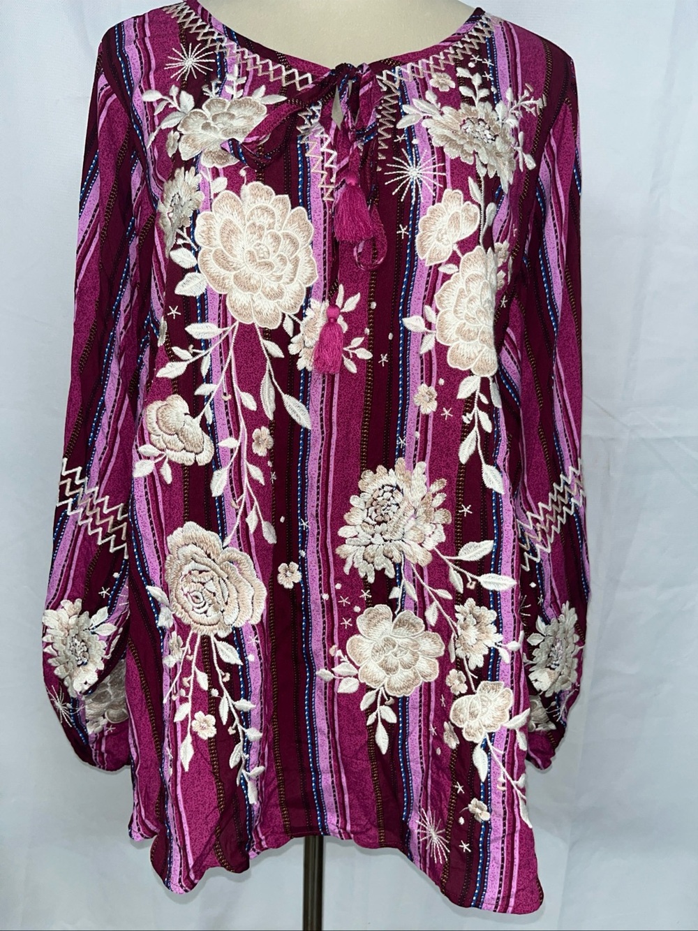 Savanna Jane Floral Womens Top Shirt Embroidered Boho Purple 1X